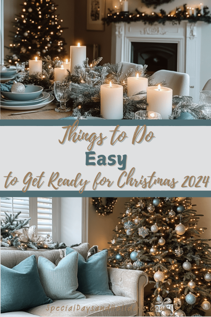 A cozy living room and dining setup beautifully decorated with festive garlands, candles, and a Christmas tree, providing inspiration for preparing for Christmas 2024 with easy decor ideas.