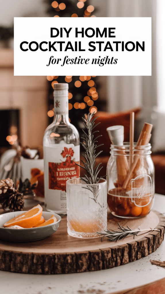 A beautifully styled home cocktail station featuring a wooden bar cart adorned with holiday decorations, glassware, cocktail shakers, and festive drinks. The scene is set with warm lighting, garlands, and a cozy atmosphere, perfect for a festive night in.