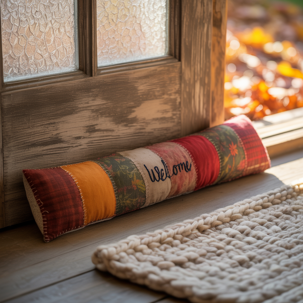 Draught excluder and wool rug at a wooden door with soft autumn lighting.