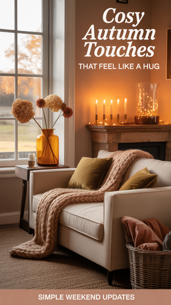 Cosy autumn living room with cream sofa, wool throw, velvet cushions, amber glass vase with dried hydrangea heads and dahlias, candles on mantel, and warm lighting