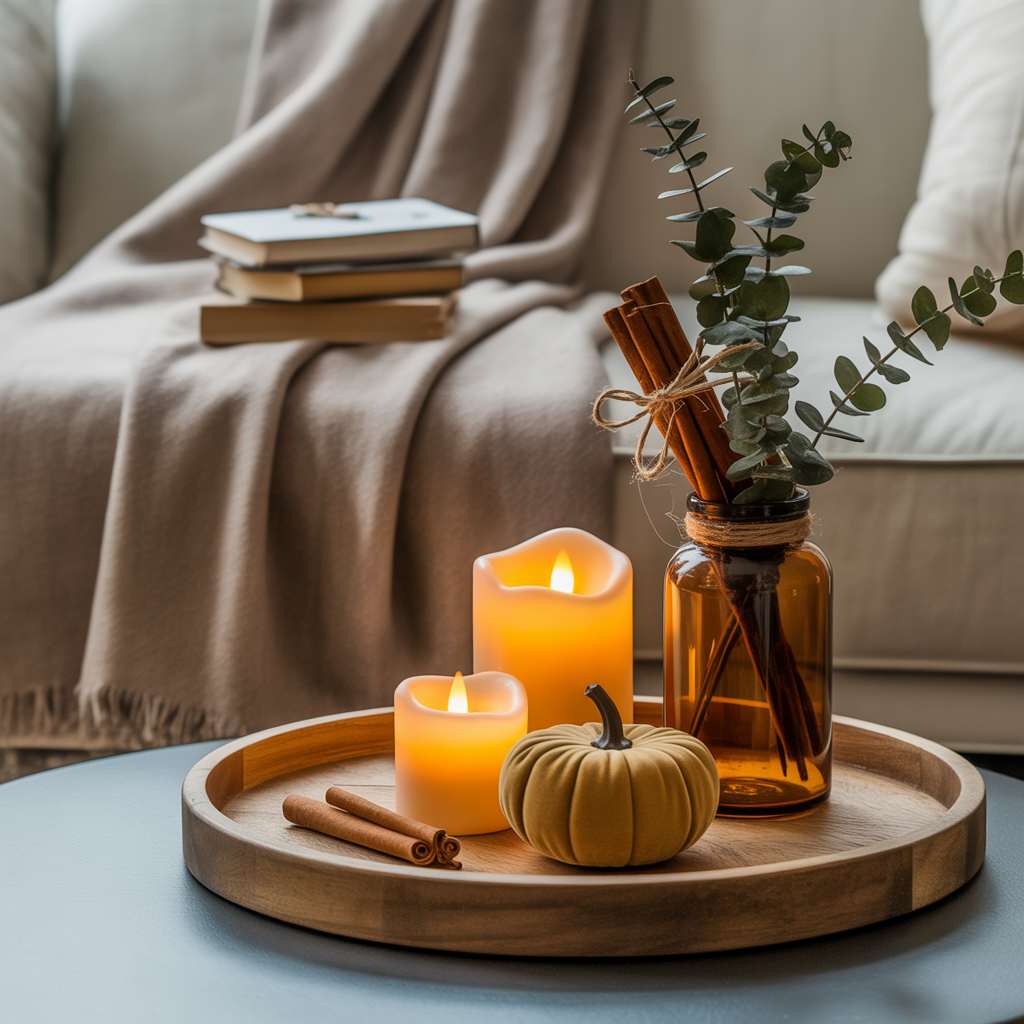 cosy autumn scene of flameless candles