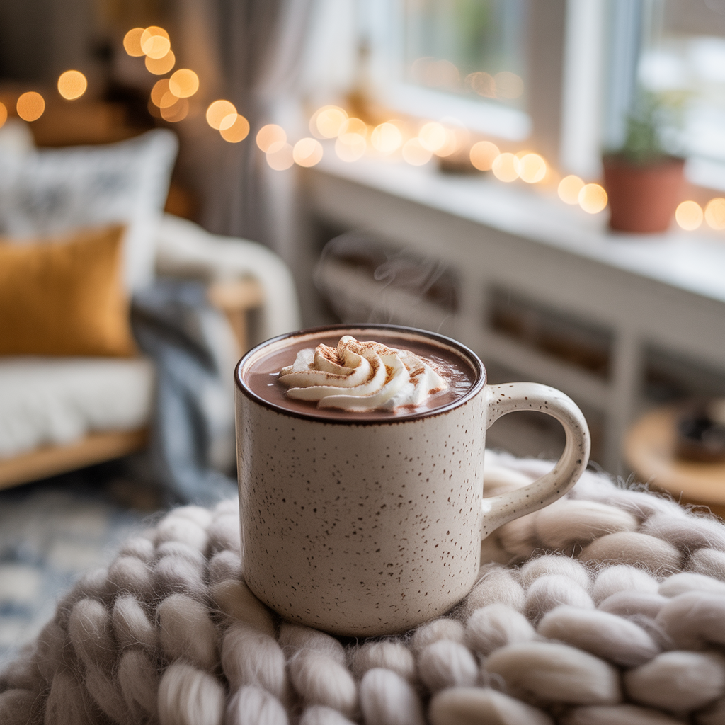 cosy autumn scene of hot chocolate