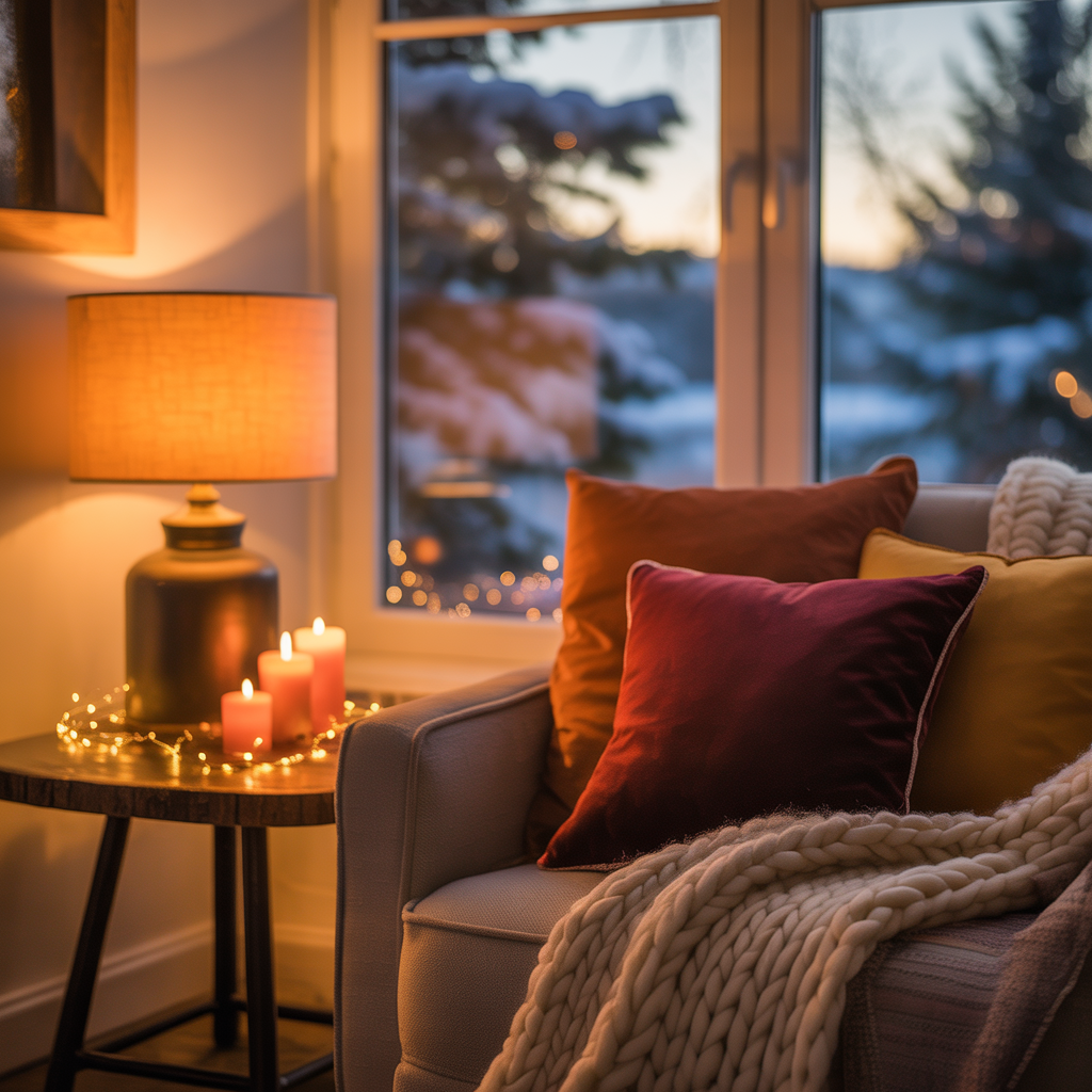Cosy autumn corner with layered lighting, cushions, and throws in warm tones.