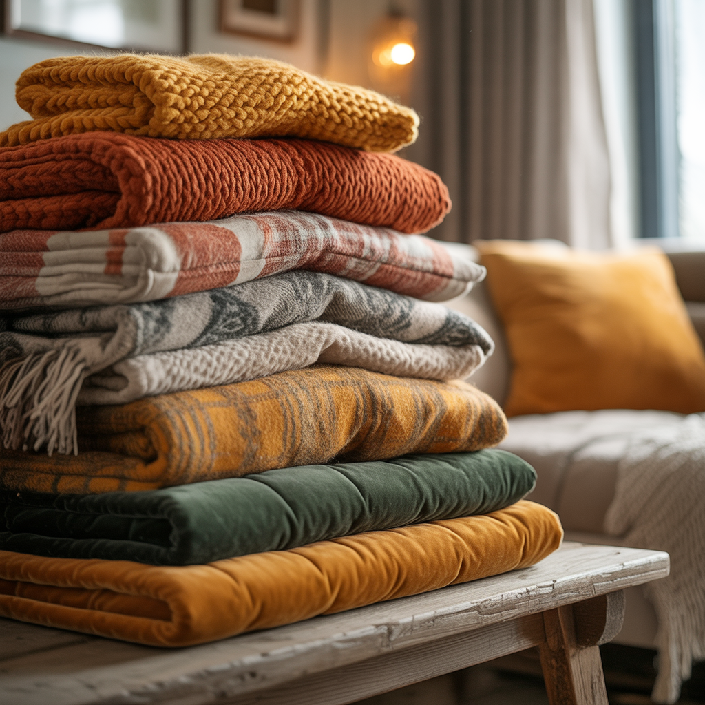 Autumn throws, bedding, and cushions in warm seasonal shades stacked on a wooden bench.