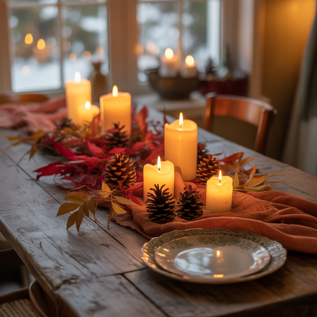 Rustic autumn dining table with candles, pinecones, and warm-toned seasonal décor.
