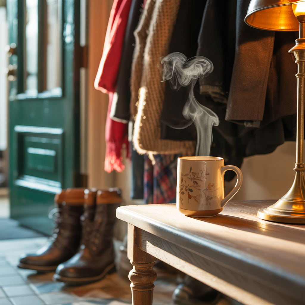 A hallway with coats and boots by the door and a steaming mug waiting under a warm lamp after a cold walk.