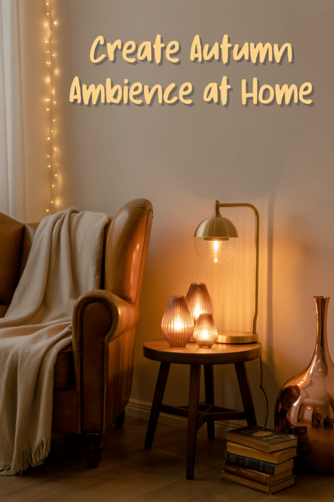 Cosy autumn living room with a glowing table lamp, lanterns, and fairy lights creating warm ambience.