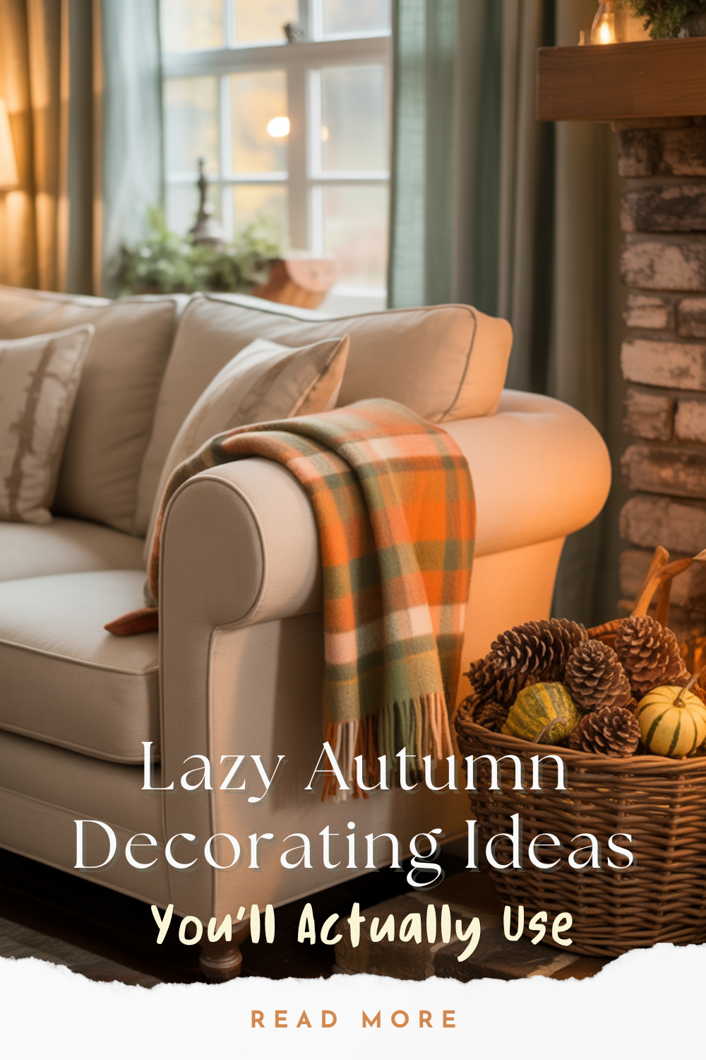 A cosy living room styled with one bold autumn accent: a rustic basket filled with pinecones and mini pumpkins beside a fireplace, with warm lighting and a plaid throw casually draped over the sofa. The scene feels seasonal and inviting with minimal effort.