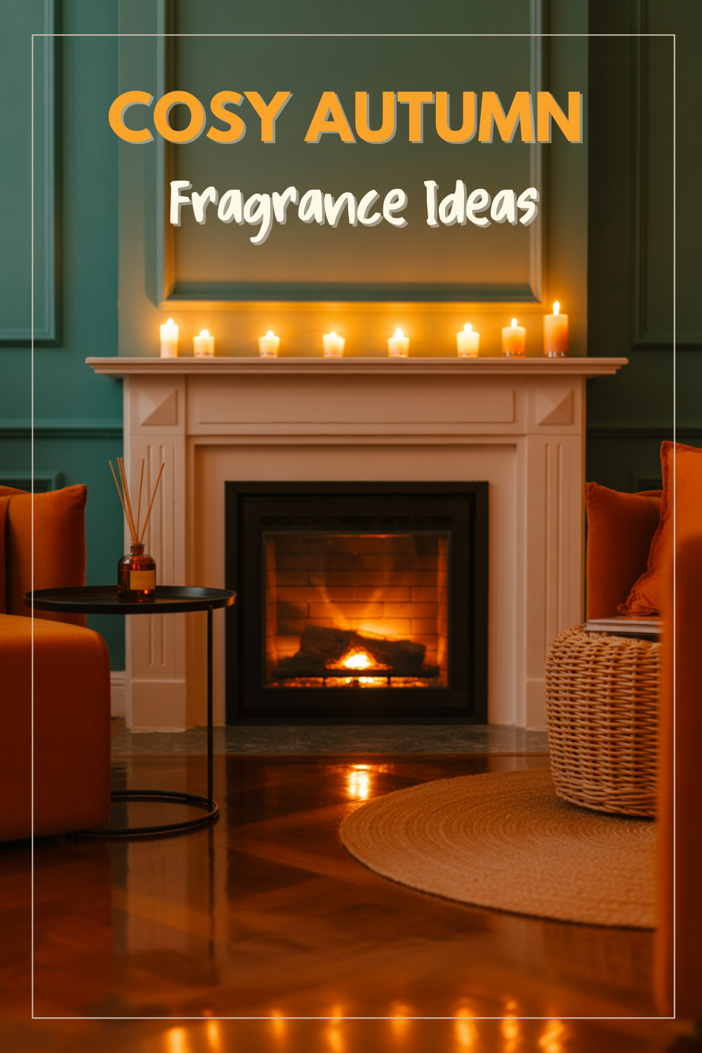 Living room with candles glowing on a fireplace, reed diffuser on side table, and warm autumn ambience.