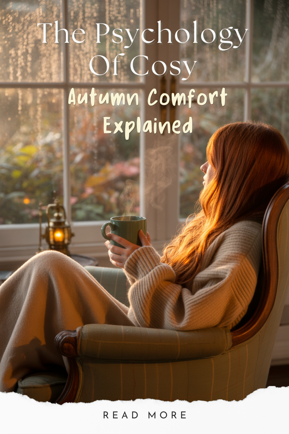 Person in a wool jumper holding a steaming mug by a rain streaked cottage window, warm lamplight behind.