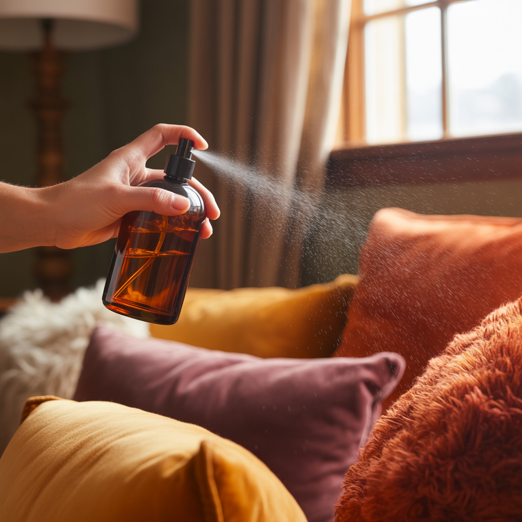 Amber spray bottle being spritzed over autumn cushions and throws in warm golden light.