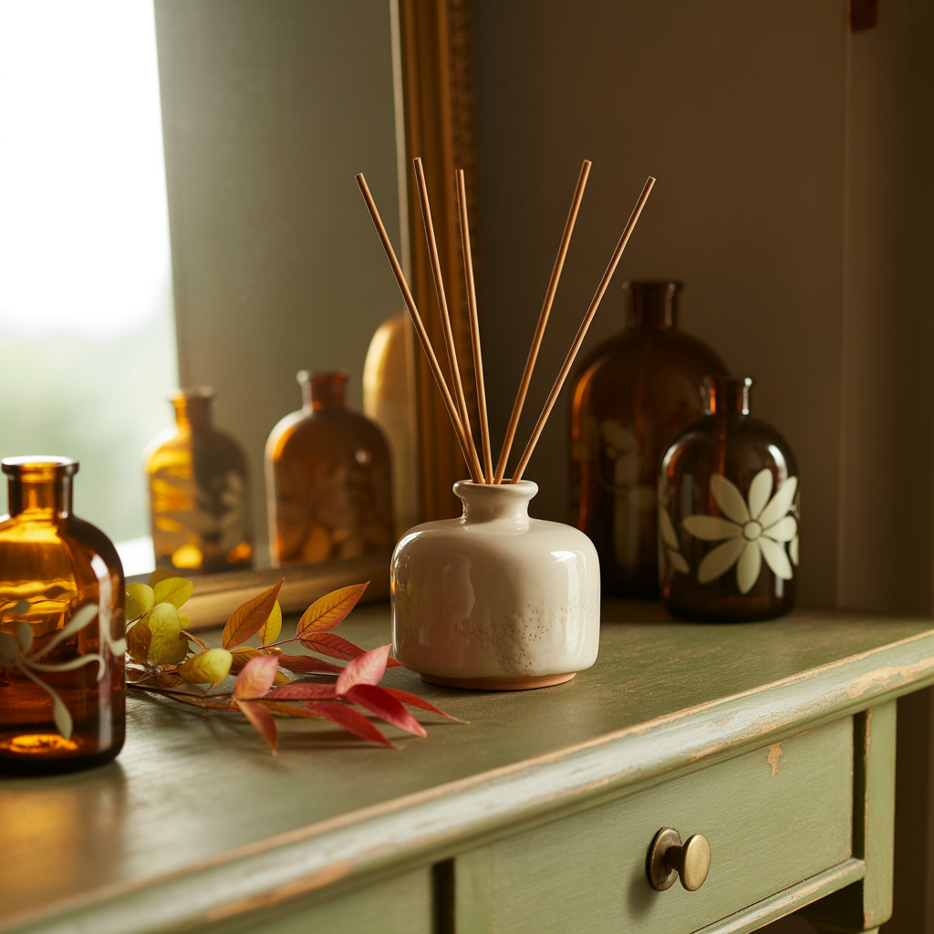 Autumn reed diffuser on a wooden table with foliage and amber bottles in golden light.