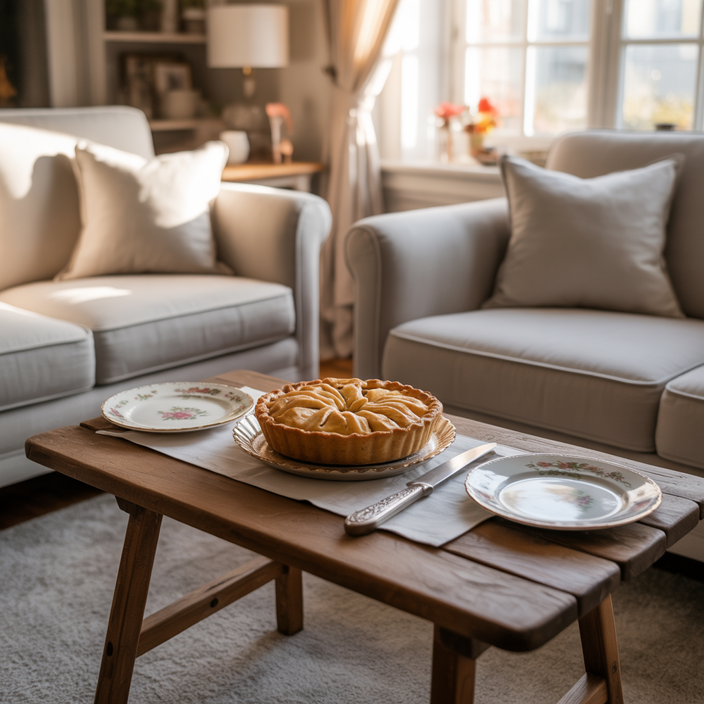 living room table with apple pie and plates