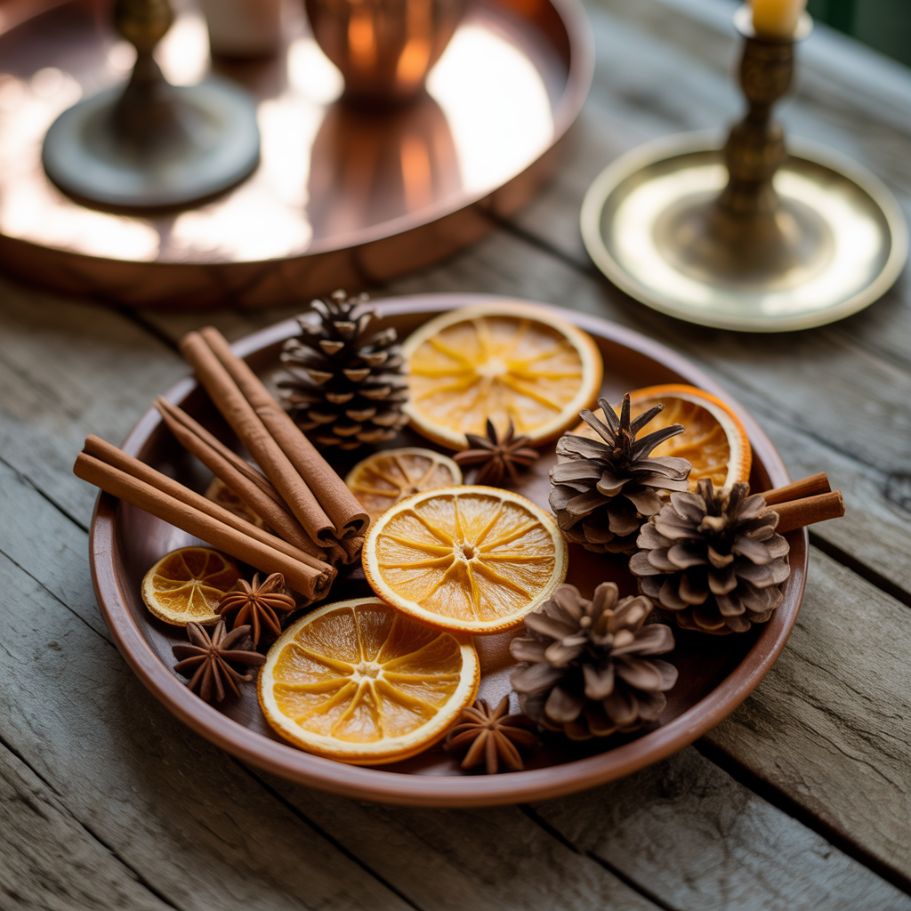 Rustic bowl of dried orange slices, cinnamon sticks, cloves, and pinecones glowing in autumn light.