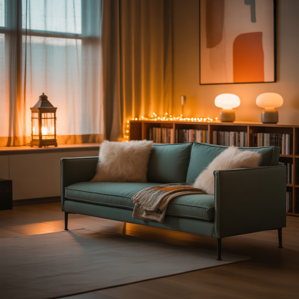 Autumn home lighting. Cosy cottage living room layered with fairy lights, lanterns, and table lamps glowing together.