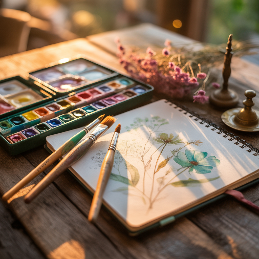 Watercolour paints and brushes beside a floral sketch, capturing the joy of rediscovering art as a hobby.