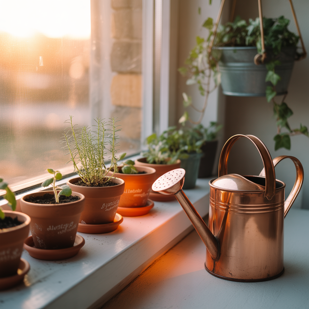 Herb seedlings sprouting in pots on a windowsill, symbolising hobby gifts that connect with nature.