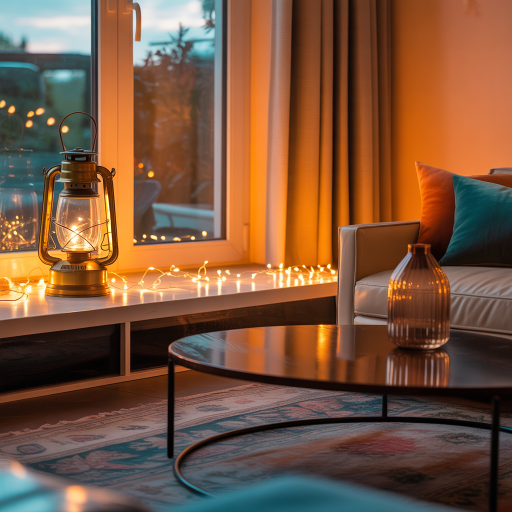 Cluster of rustic lanterns glowing in a cosy autumn cottage corner with golden-hour warmth.