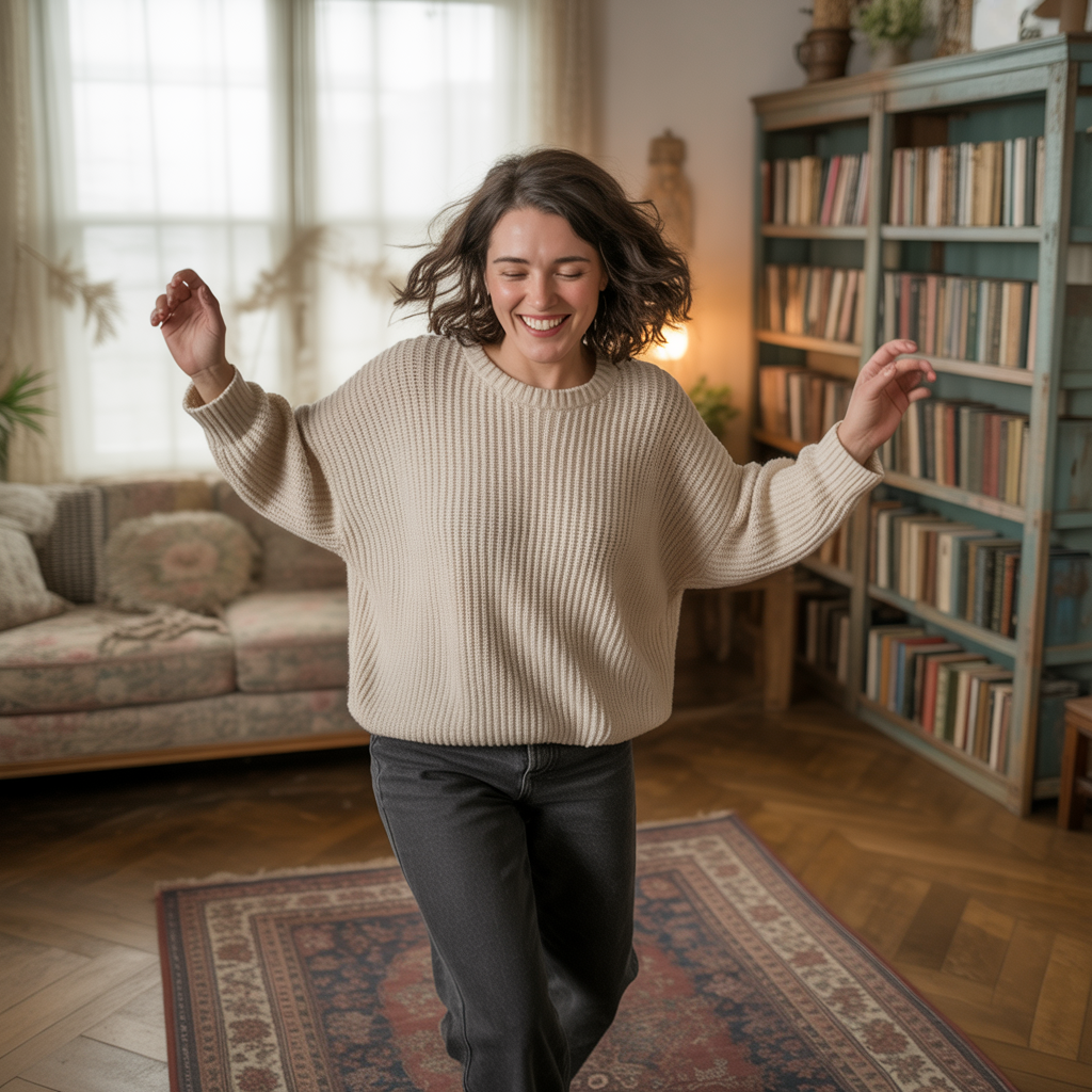 lady dancing to autumn tunes