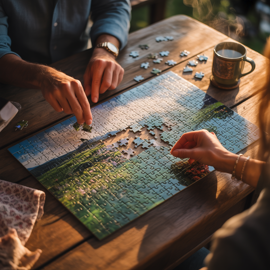 A half-completed puzzle on a wooden table with hands placing pieces, evoking the joy of rediscovering puzzles.