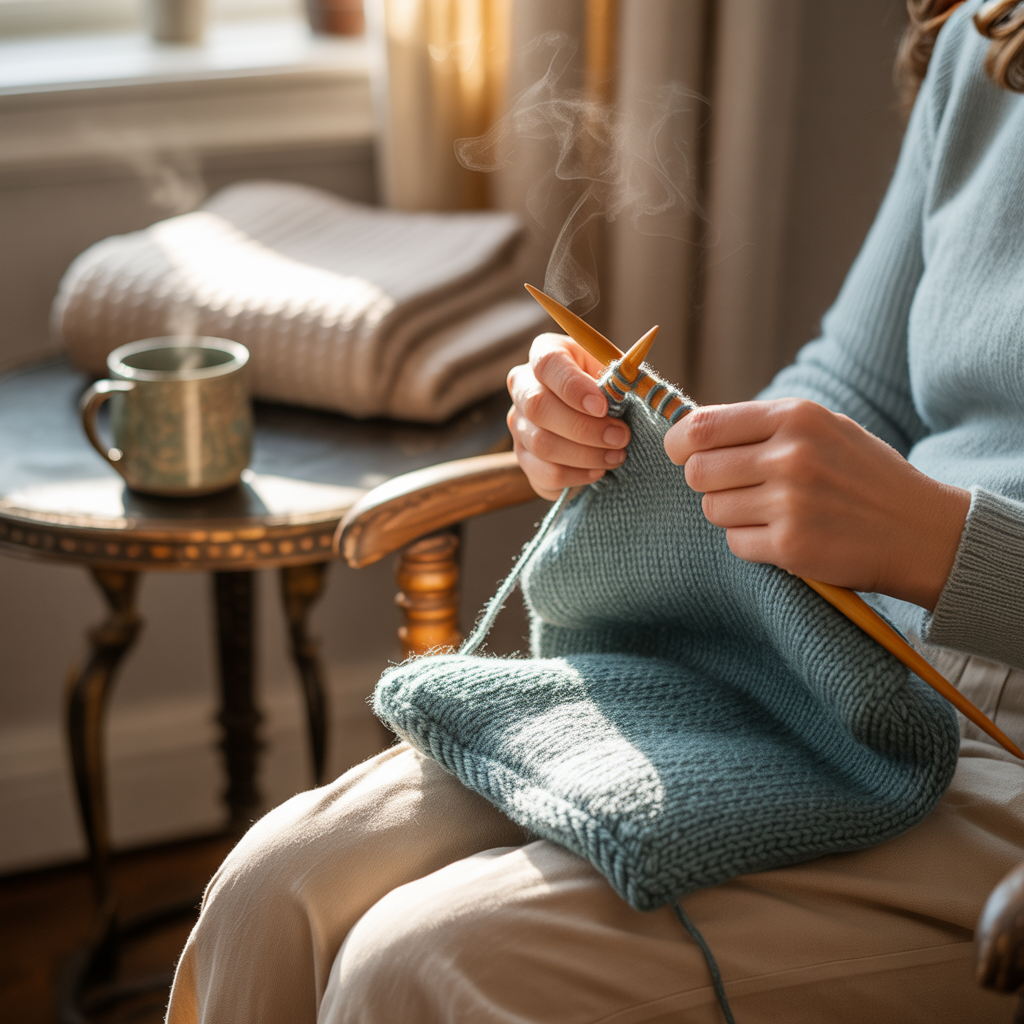 Close-up of hands knitting with teal yarn in warm light, showing the calming rhythm of rediscovering crafts.