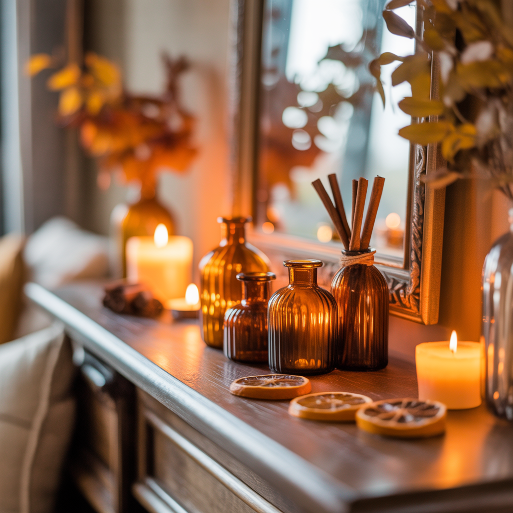 Amber glass candles glowing with cinnamon sticks and dried orange slices on a cosy table.