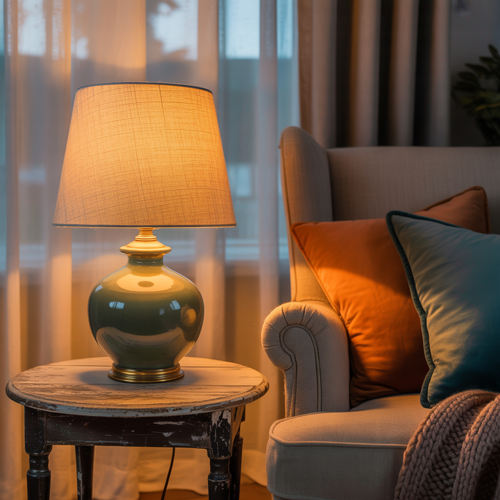 Table lamp with linen shade glowing warmly beside a cosy armchair with autumn cushions.