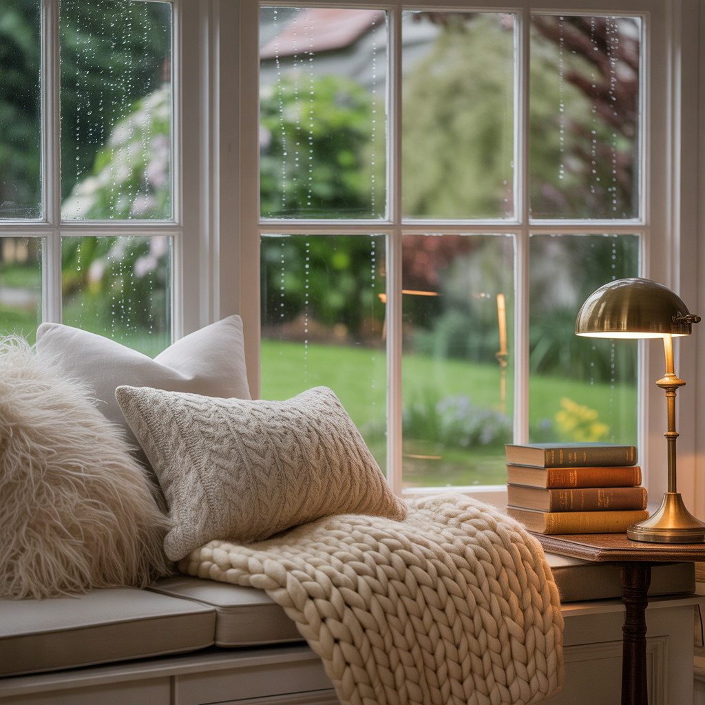 A snug reading nook with cushions and a knit throw beside a rain streaked window.