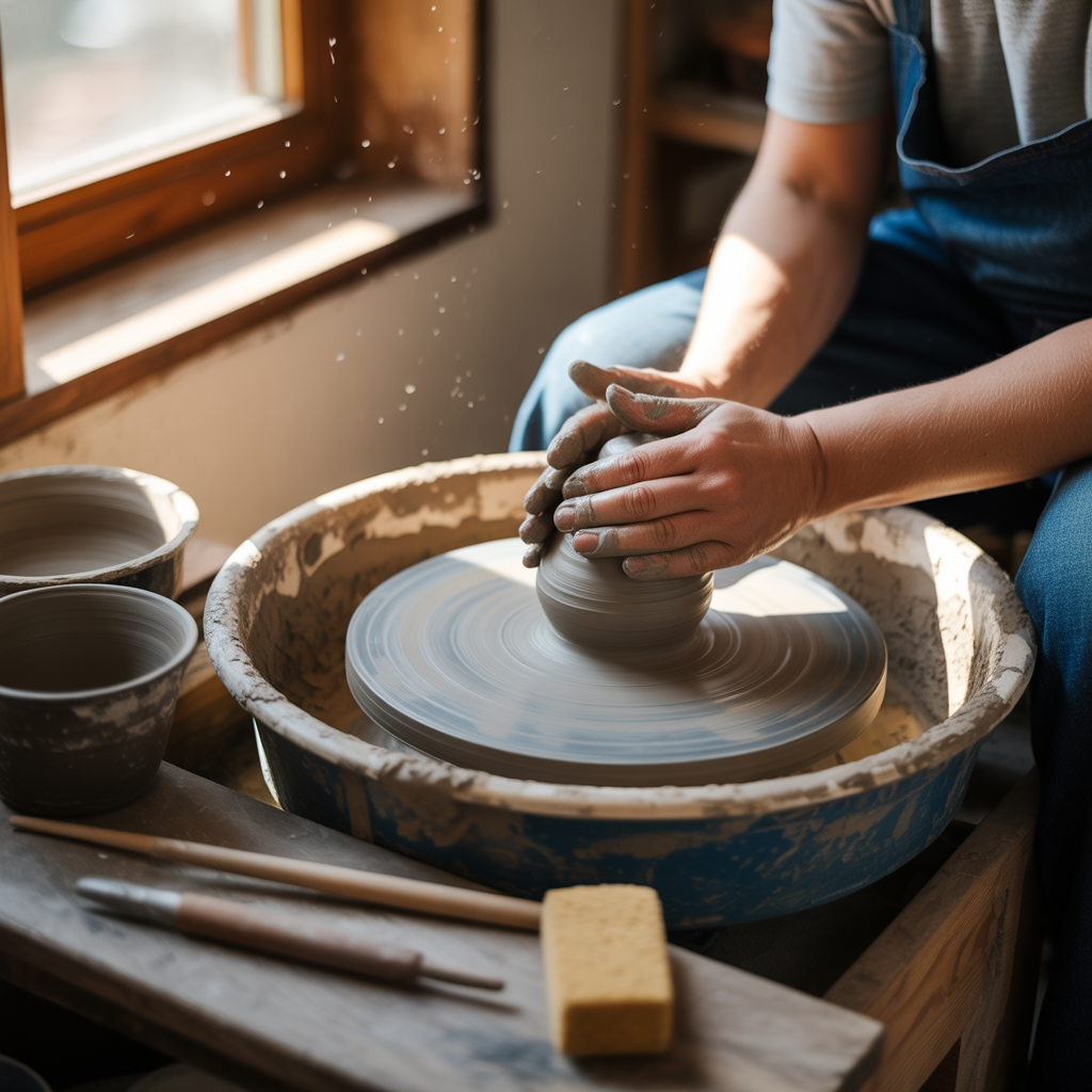 Hands shaping clay on a pottery wheel in a cosy UK studio with golden light.