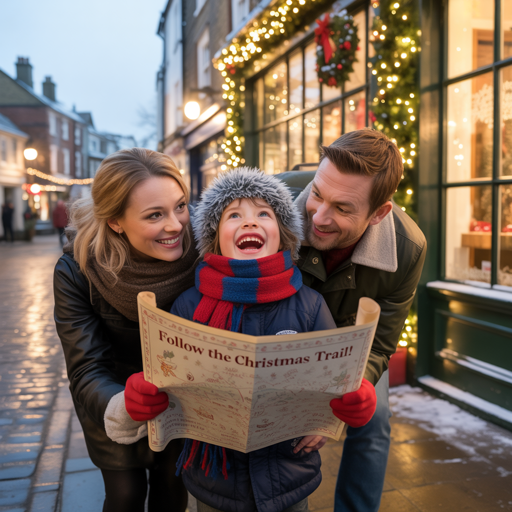 A family follows a treasure trail map through a festive British town with glowing lights.