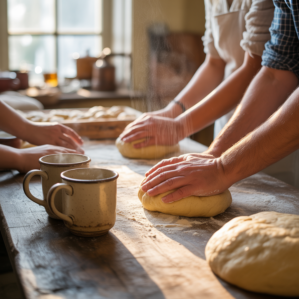 Hands kneading dough at a rustic UK bread-making class, flour dust rising in warm light.