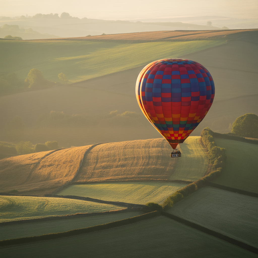 A hot air balloon lifts over misty British fields at sunrise, glowing in golden light.