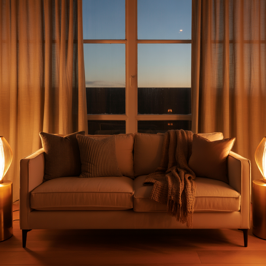A living room at dusk with warm golden lamps glowing as early evening falls outside the window.