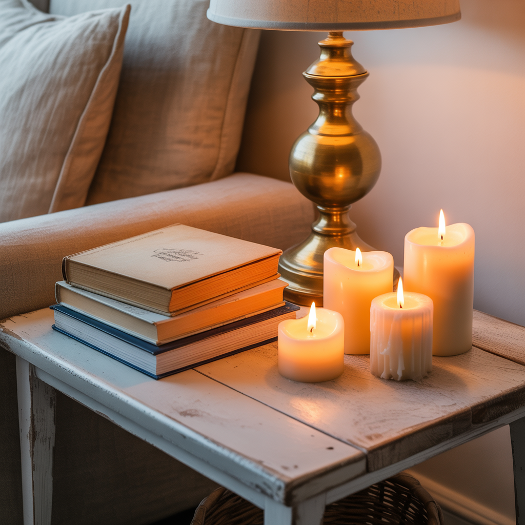 Warm side-lamp and candles creating a cosy pool of light