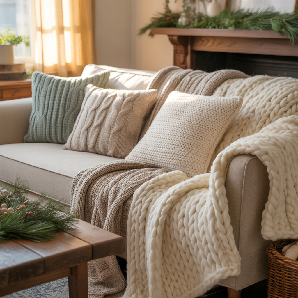 cosy christmas decor with Knitted throws and cushions.