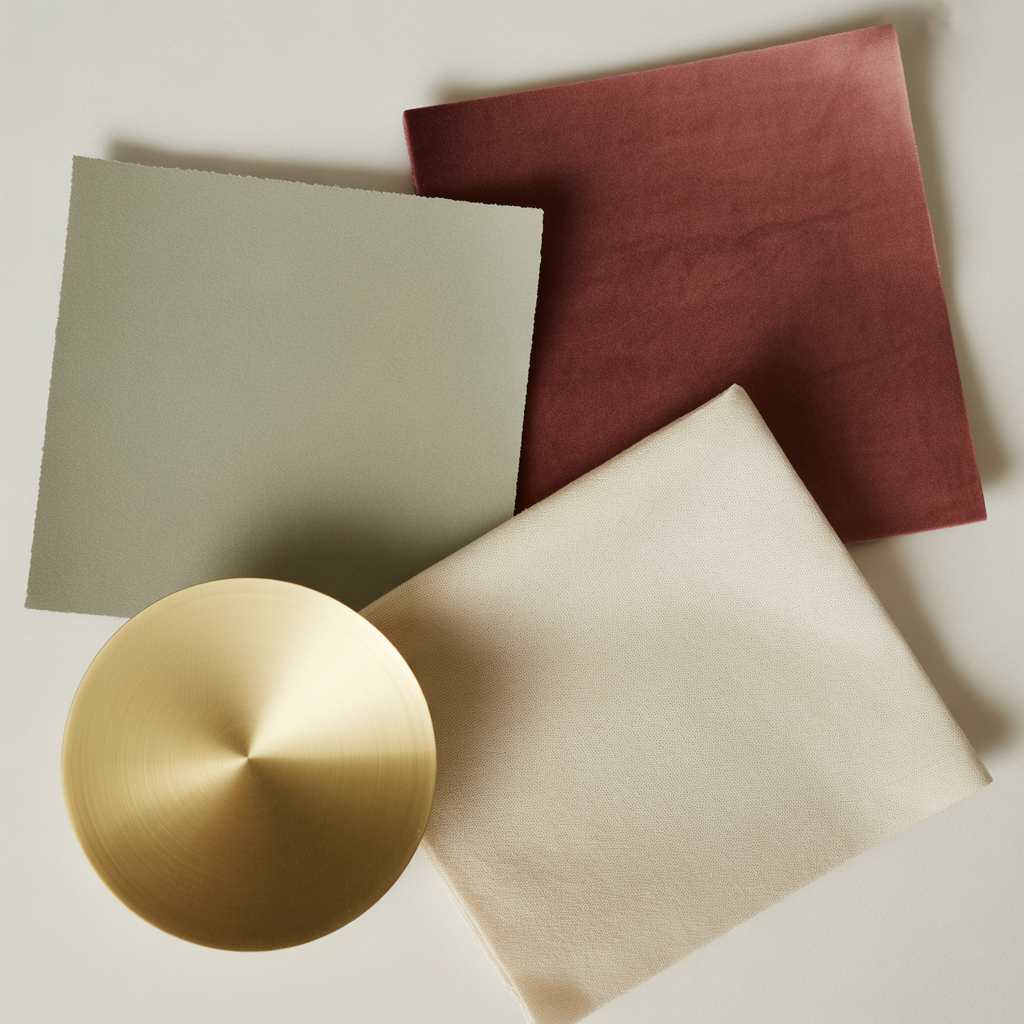 cosy christmas decor with a Colour palette flat-lay showing sage green, burgundy, cream, brass