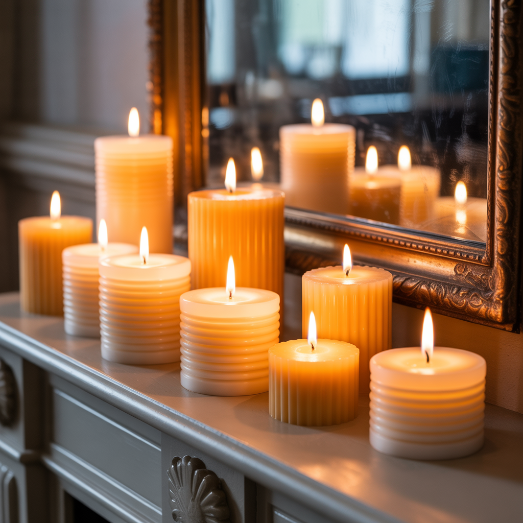cosy christmas decor with a close up of Layered candles on a mantel with mirror behind, showing reflection