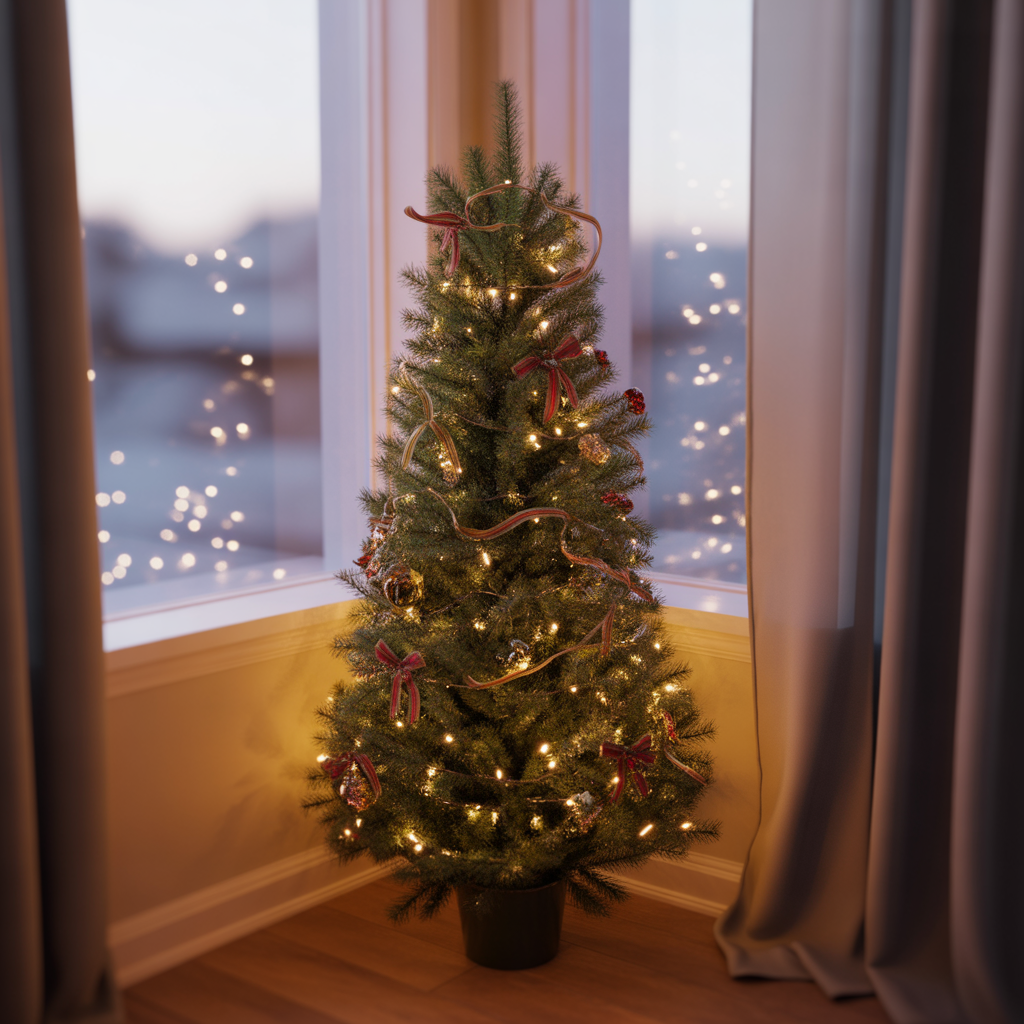 cosy christmas decor with a Narrow tree in corner of small living room with window lights visible