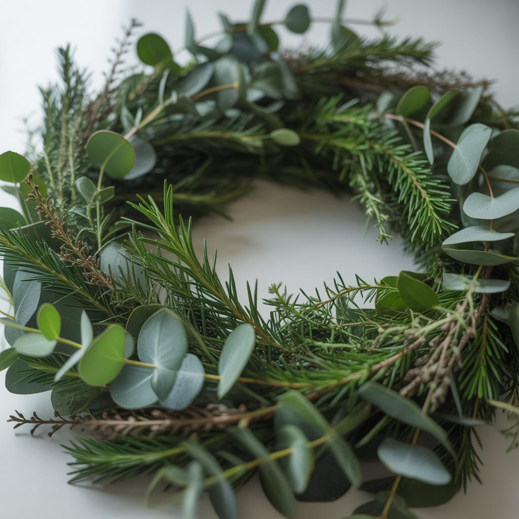 cosy christmas decor with a Close-up of mixed greenery garland with eucalyptus, pine and rosemary