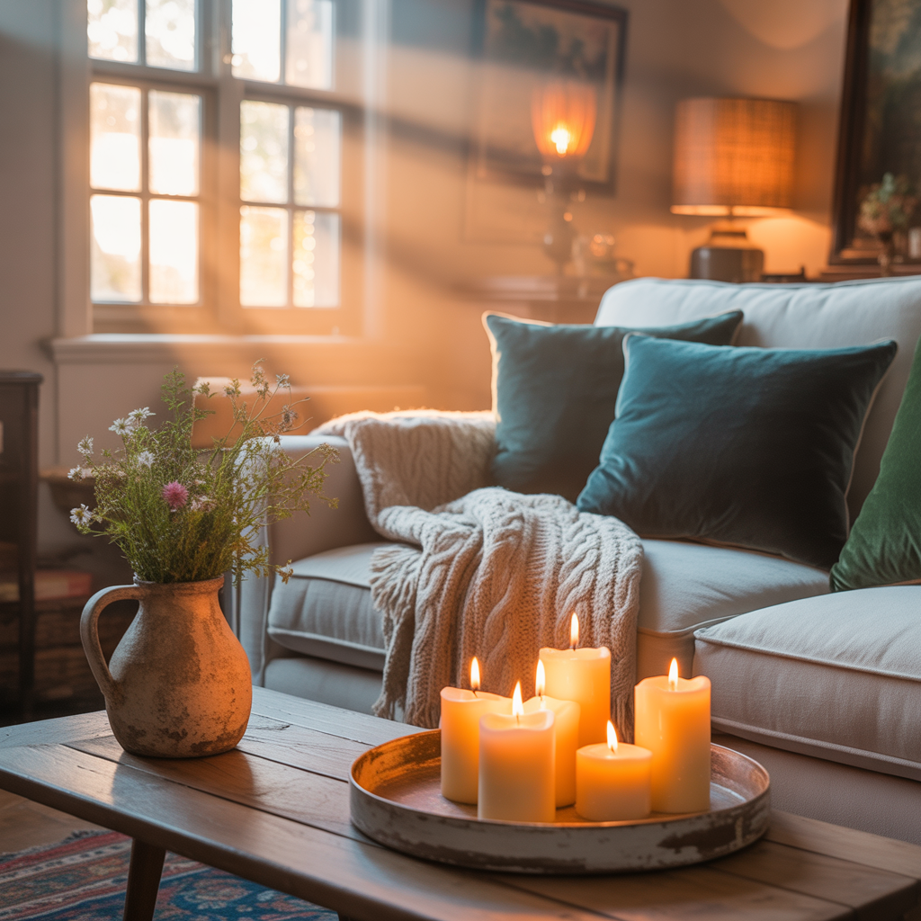 Cosy living room with warm lamp light, evergreen branches and textured winter textiles.