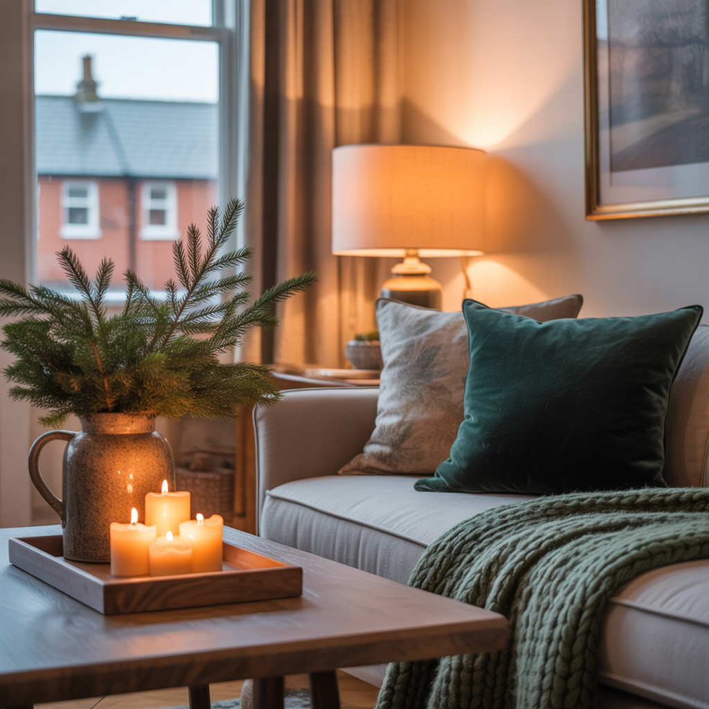 Cosy living room with warm lamp light, evergreen branches and textured winter textiles.