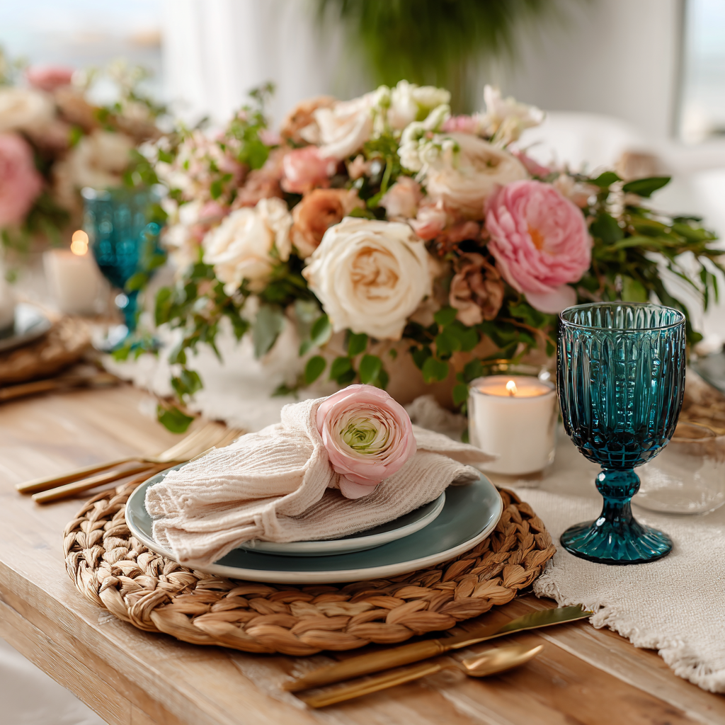 Spring tablescapes. Close-up of a marble serving tray with gold serving tongs styled on a spring tablescape with teal glass accents.