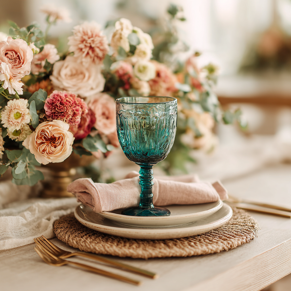 Spring place setting with woven textures, teal crystal glassware, a soft pink napkin, and a gold place card holder.