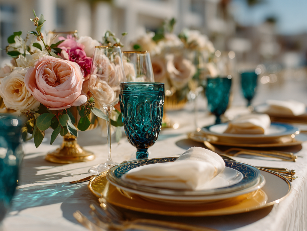 Elegant spring tablescape featuring teal glassware, gold charger plates, and cream linen napkins set for an adult dinner party.
