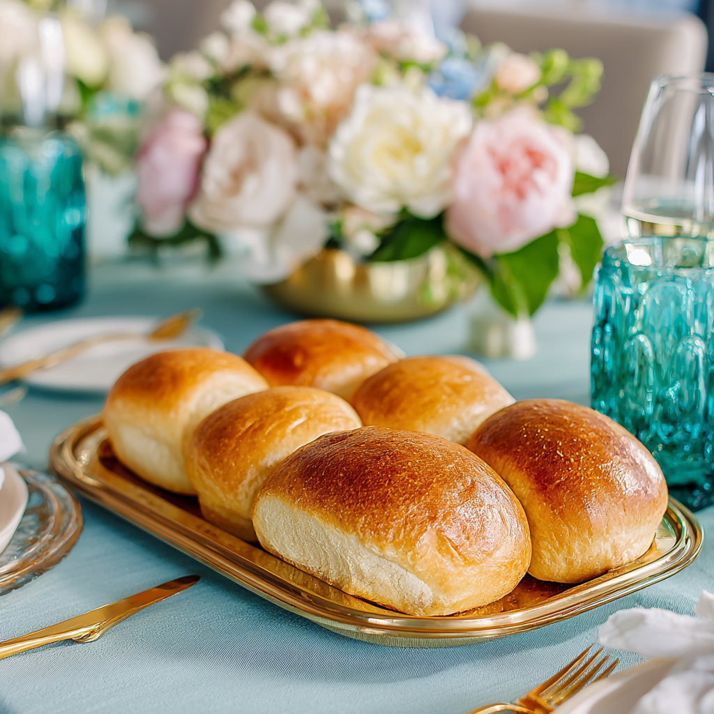 Close-up of a marble serving tray with gold serving tongs styled on a spring tablescape with teal glass accents.