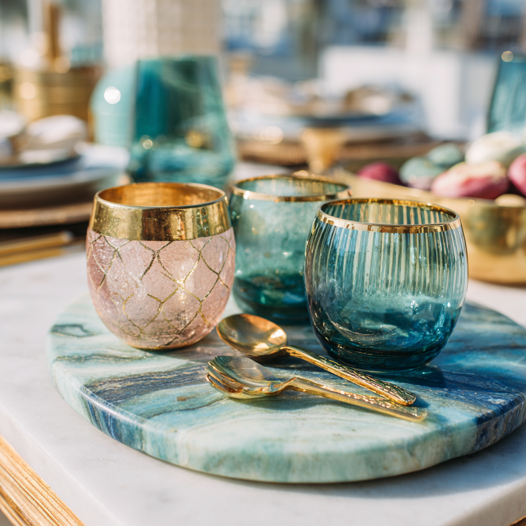 Spring tablescapes. Close-up of a marble serving tray with gold serving tongs styled on a spring tablescape with teal glass accents.
