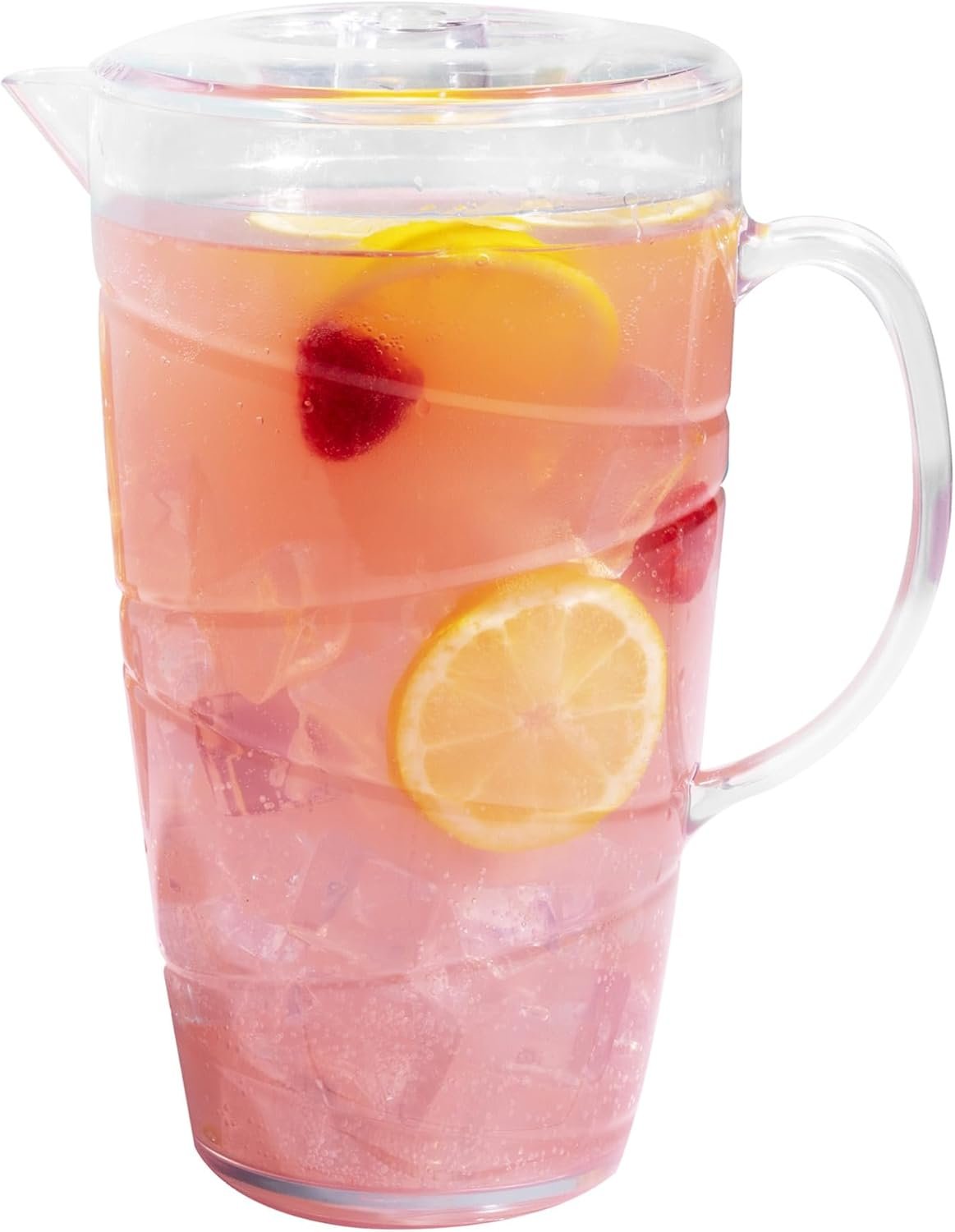 Clear plastic jug with a lid, filled with fruit and a pink drink