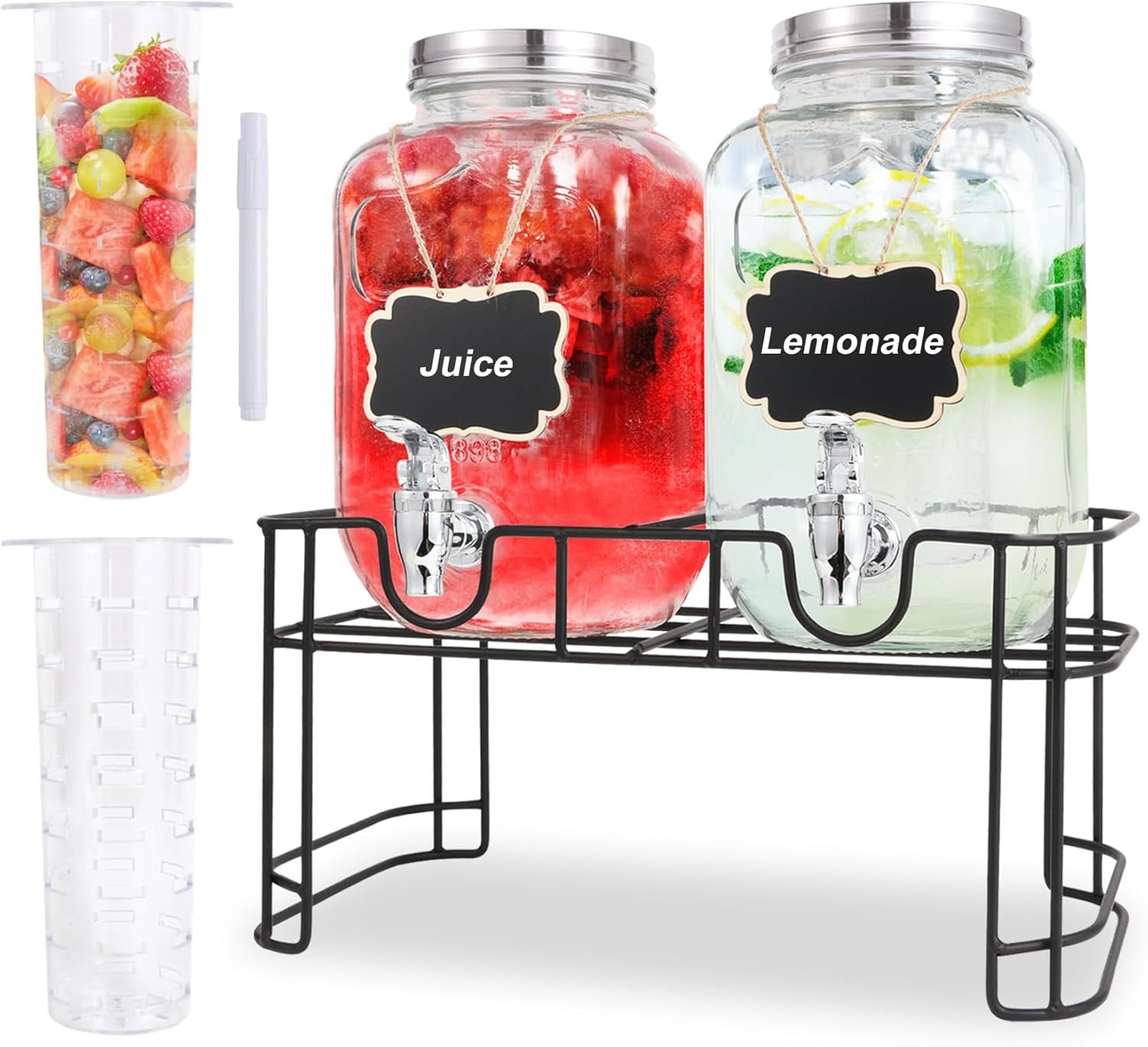 Twin glass drinks dispensers on a black stand with chalkboard labels