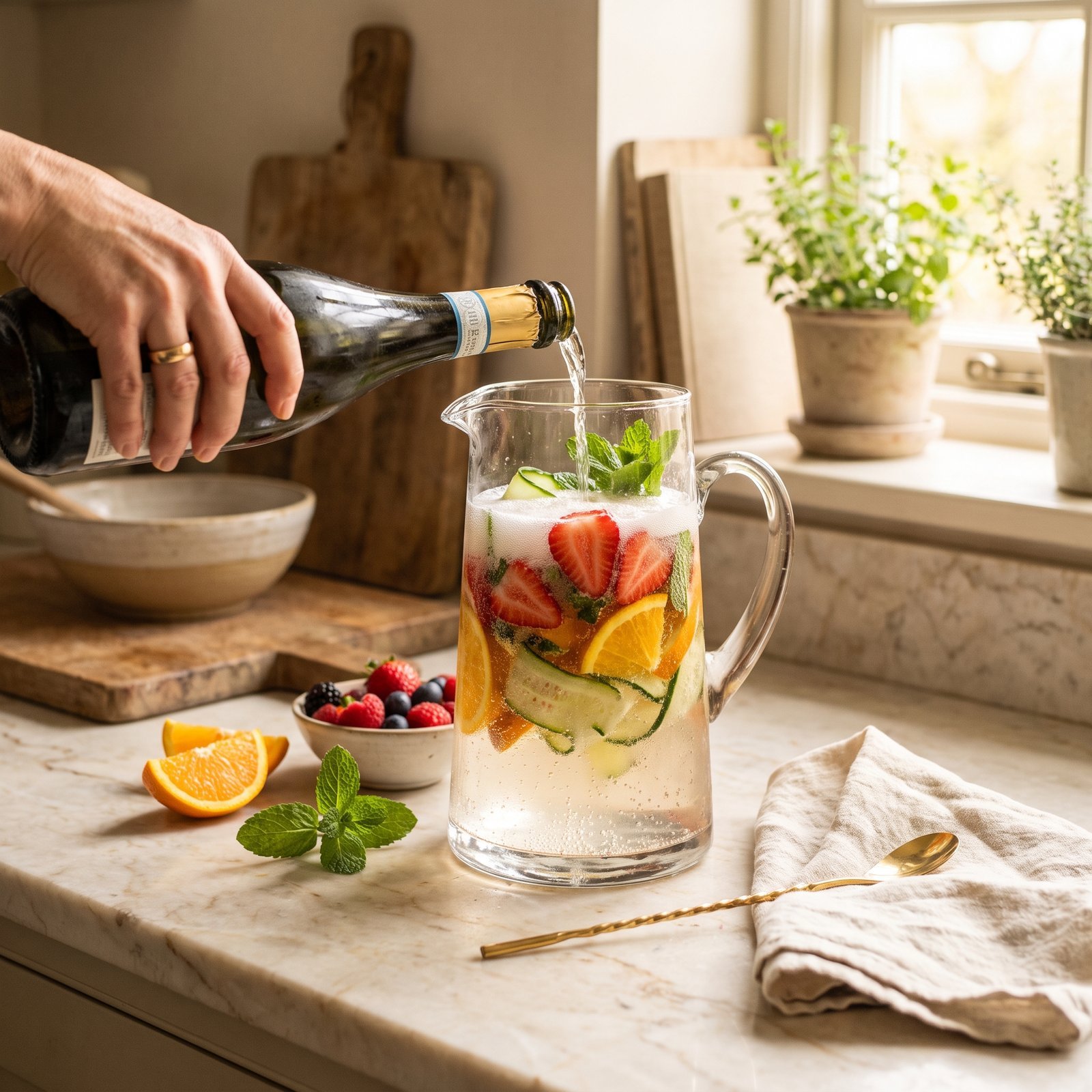 A hand topping a fruit-filled glass jug with sparkling wine on a marble worktop, with strawberries, orange and mint ready