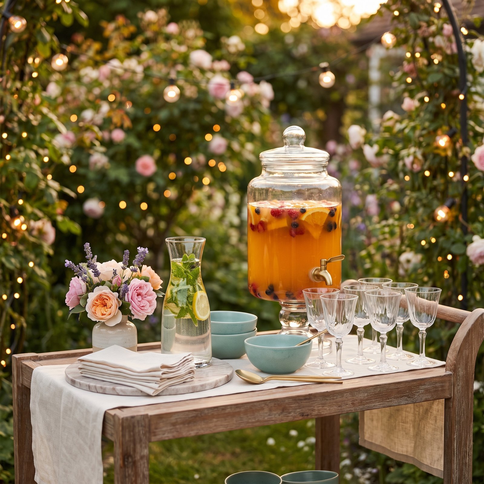 A garden drinks trolley set up as a self-serve station with a glass drinks dispenser, glasses and flowers in warm evening light